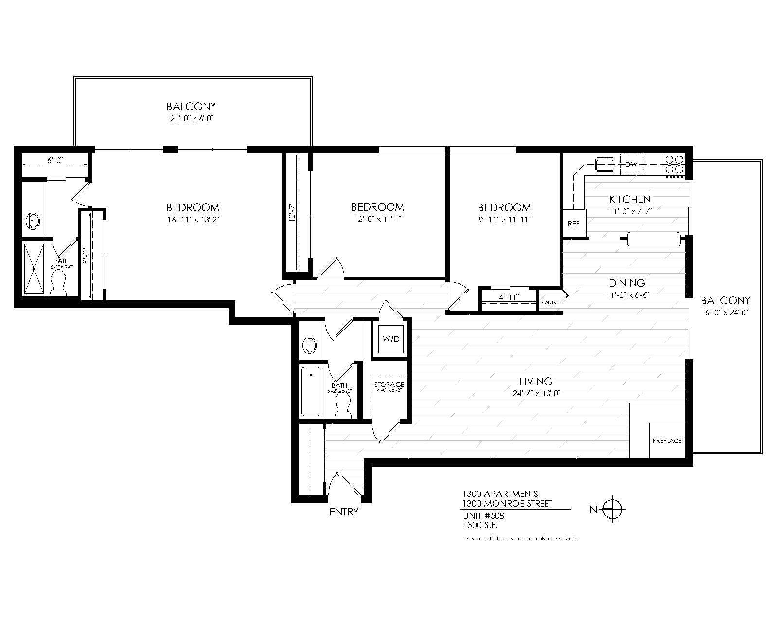 Floor plan for 3 beds, 2 baths, 1300 sqft
